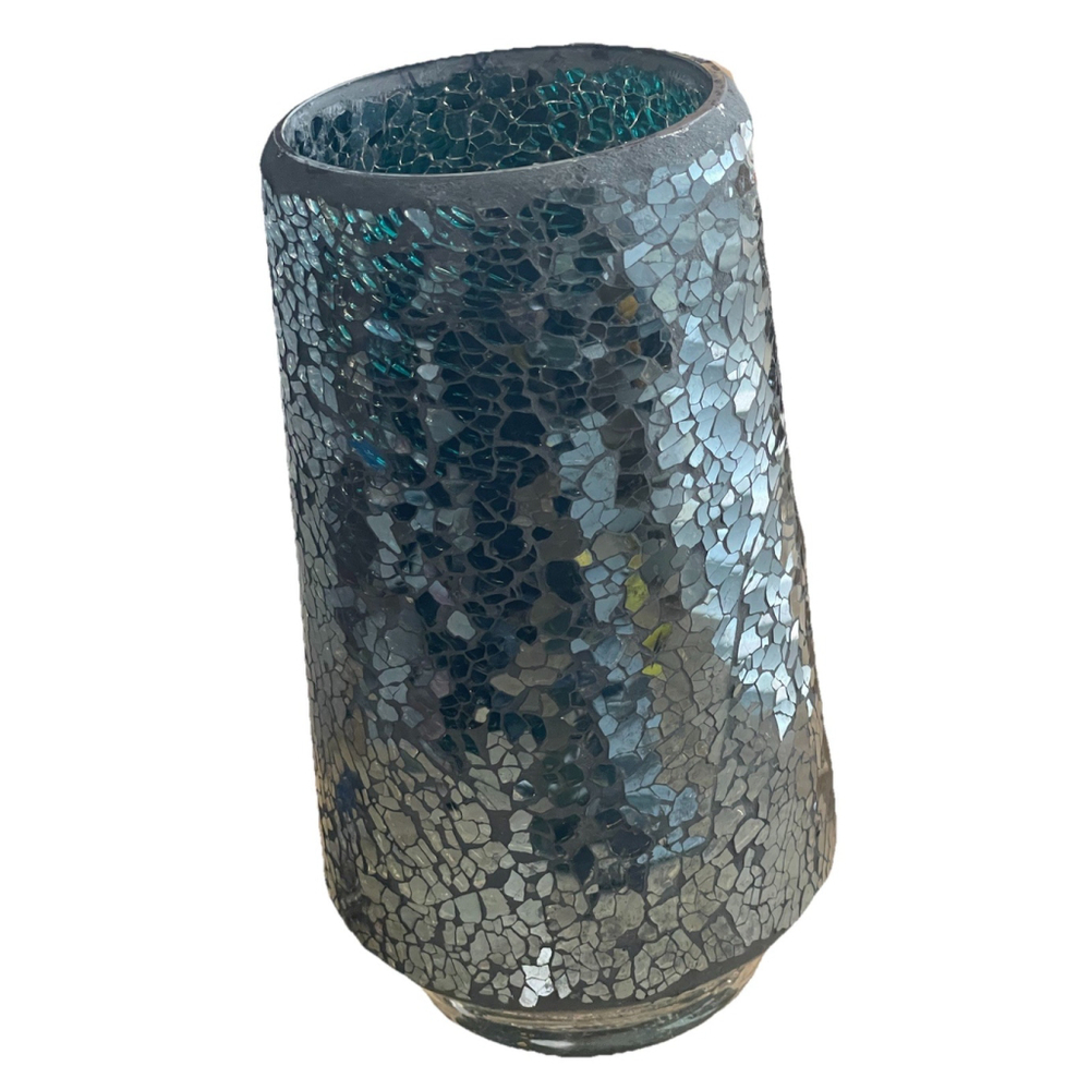 Black Iridescent Mosaic Crackle Glass 9.5” VTG Vase Candle Holder Wedding Decor